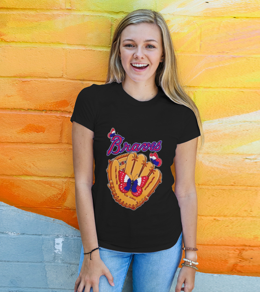 Braves Baseball Glove With Red White Blue Butterflies T-Shirt