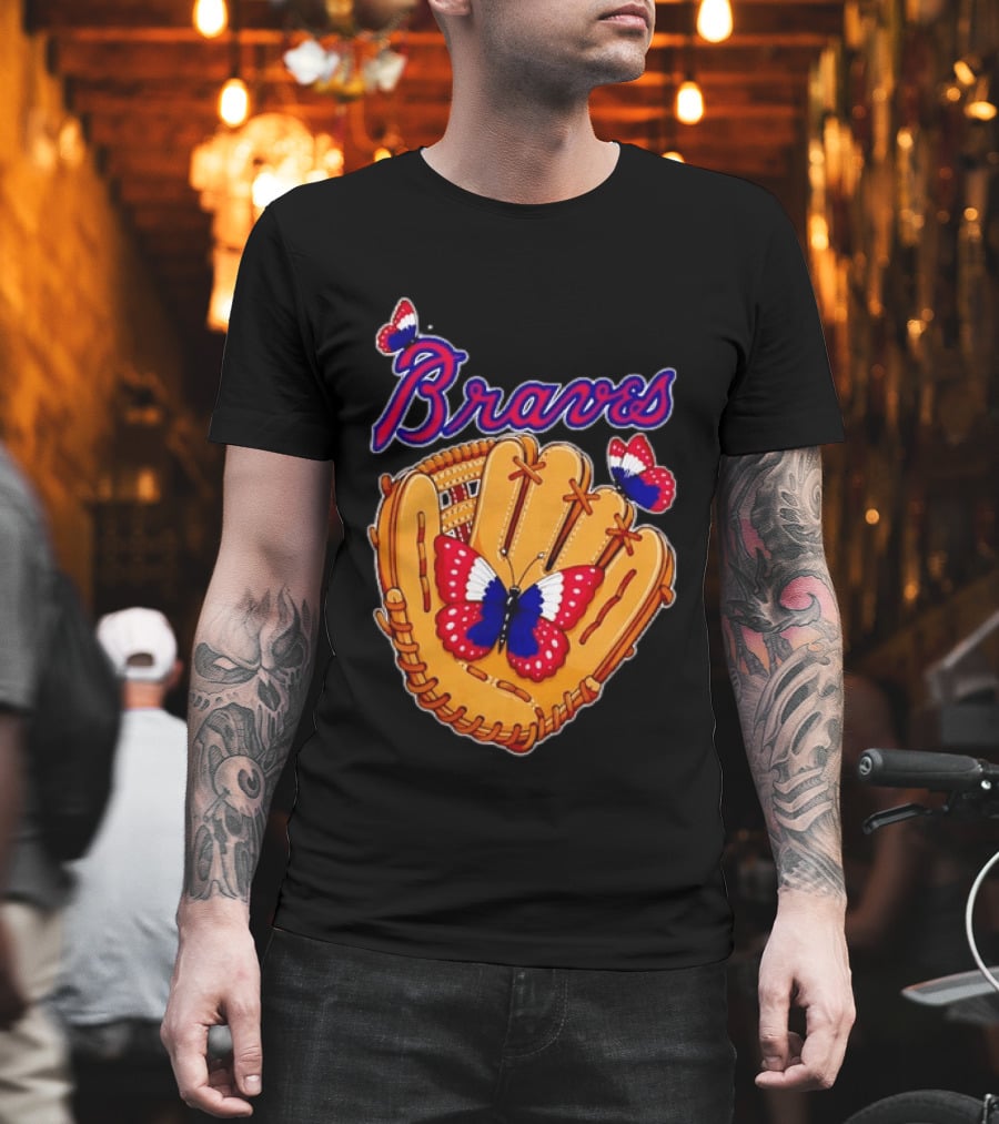 Braves Baseball Glove With Red White Blue Butterflies T-Shirt