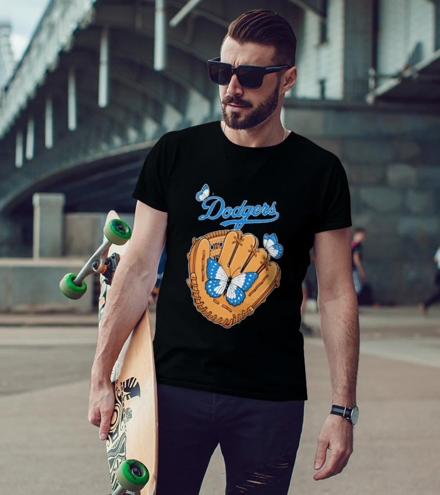 Dodgers Baseball Glove With Blue Butterflies T-Shirt