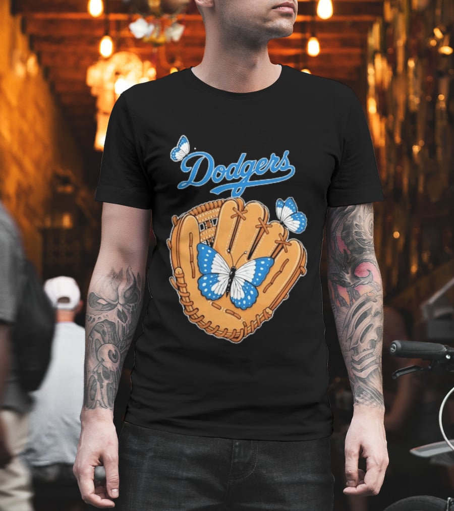 Dodgers Baseball Glove With Blue Butterflies T-Shirt