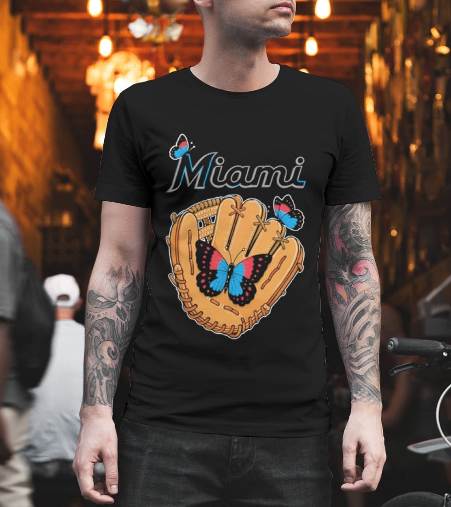 Miami Baseball Glove Butterflies Vibrant Sports T-Shirt