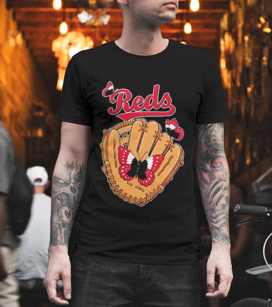 Cincinnati Reds Baseball Glove Butterflies T-Shirt