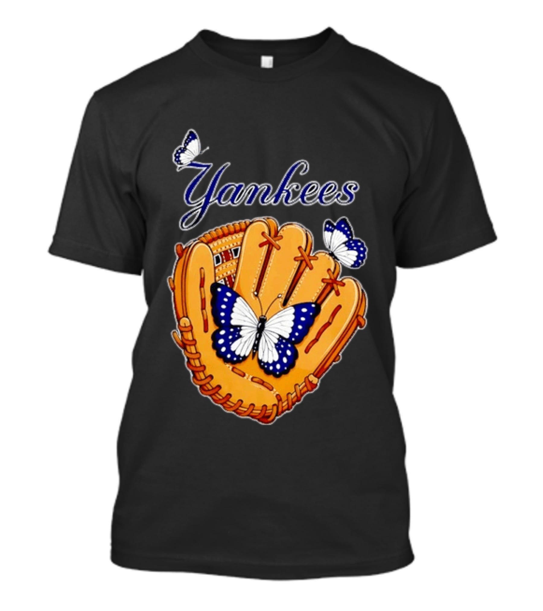 Yankees Baseball Glove With Blue And White Butterflies T-Shirt