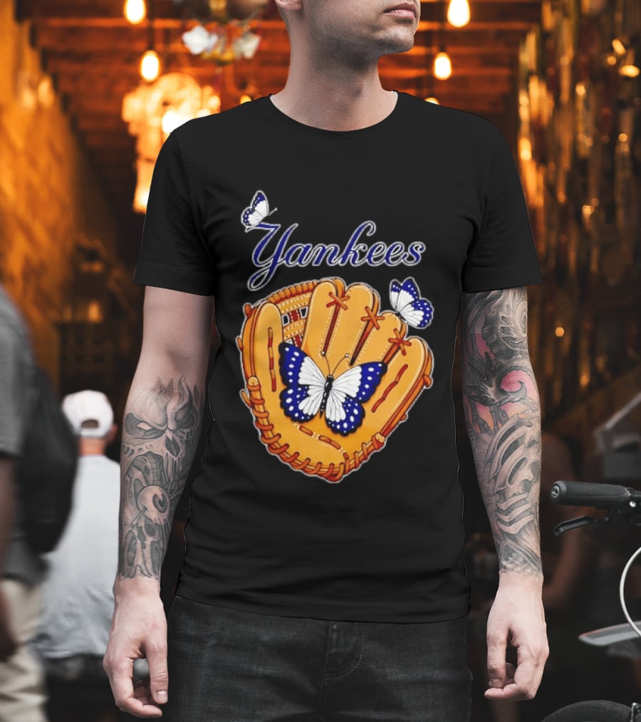 Yankees Baseball Glove With Blue And White Butterflies T-Shirt