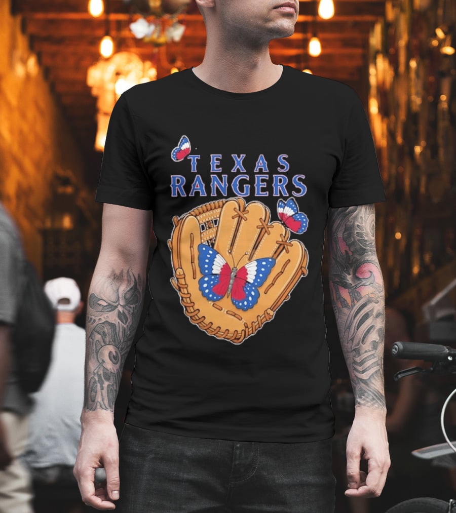Texas Rangers Baseball Glove Butterflies T-Shirt