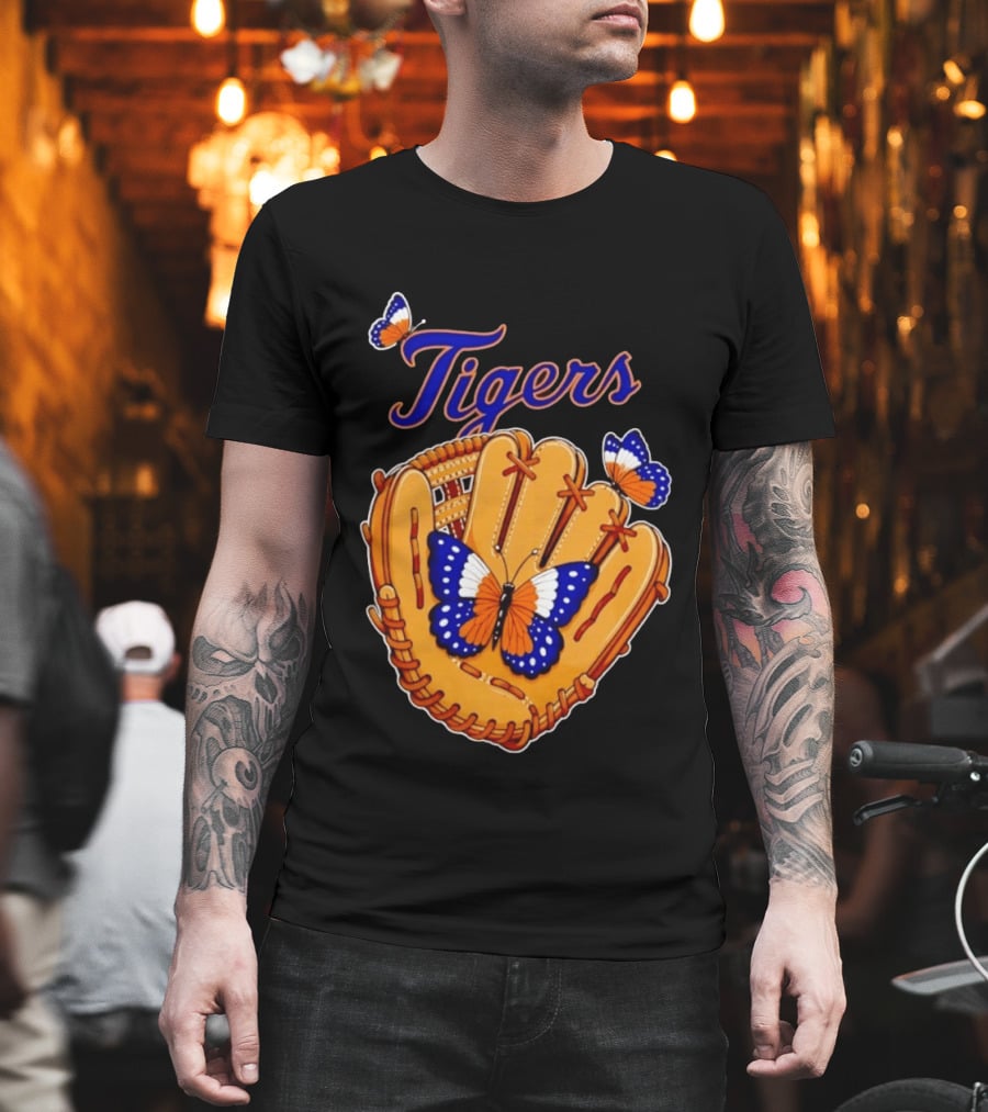Tigers Baseball Glove Butterflies T-Shirt