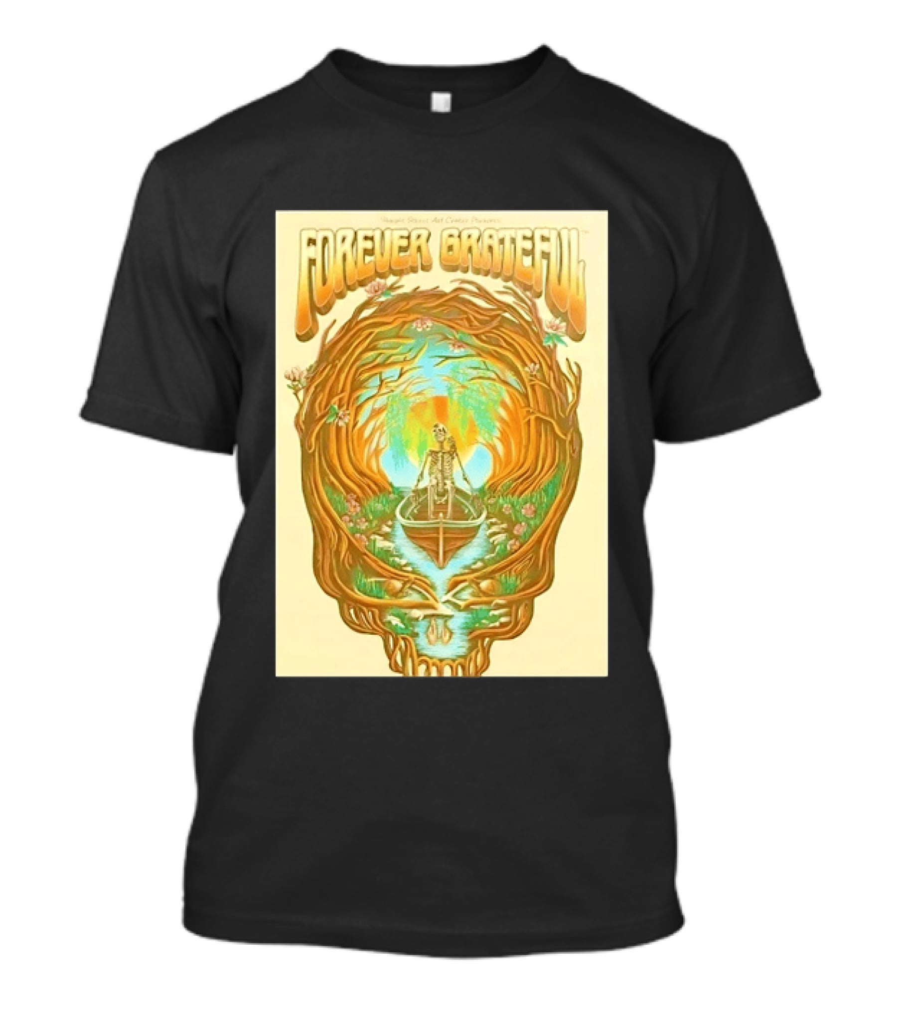 Forever Grateful Haight Street Art Center Skull Tree Skeleton Rowboat Scene T-Shirt