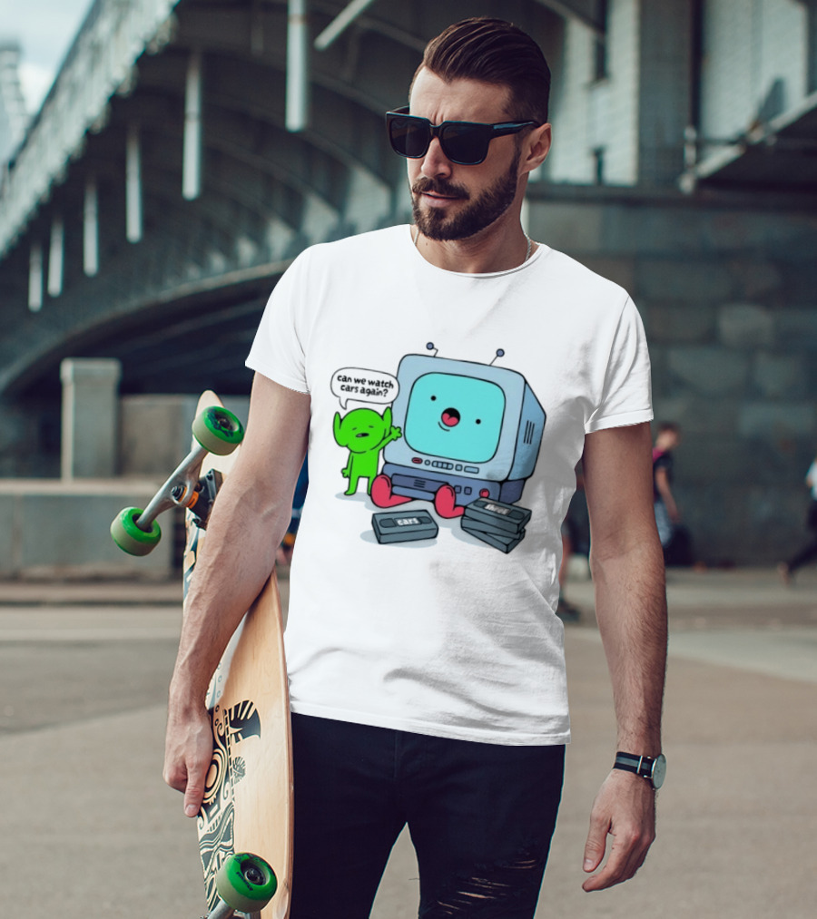 Can We Cars Again Cartoon With Vintage VHS Tapes Featuring Green Creature And Retro TV T-Shirt