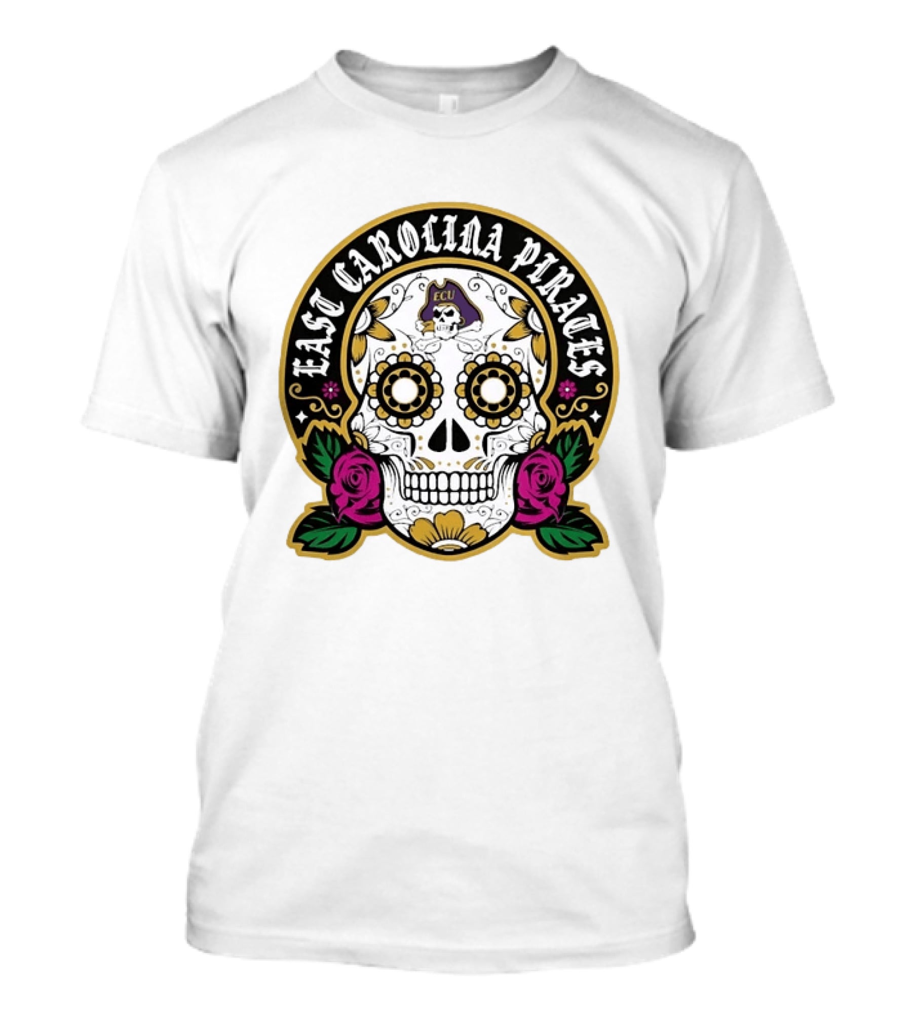 East Carolina Pirates ECU Skeleton Sugar Skull Dia De Los Muertos T-Shirt