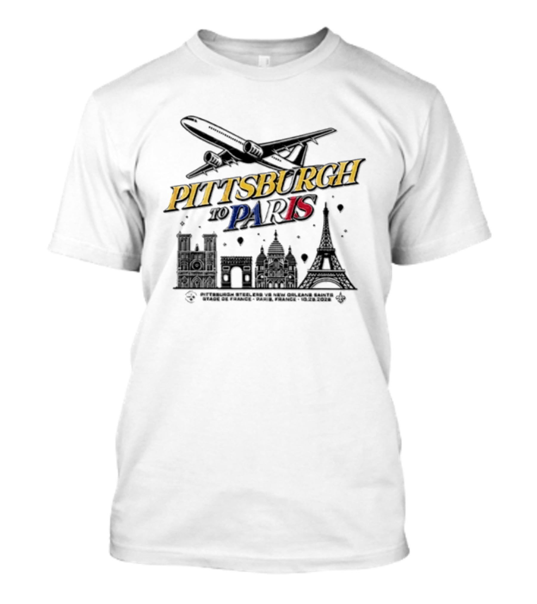 Pittsburgh To Paris 2026 Game Skyline Plane Paris Teaser T-Shirt