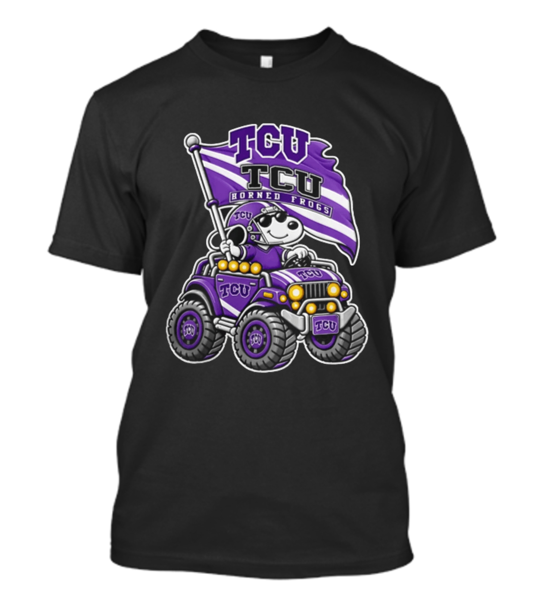TCU Horned Frogs Snoopy Driving Offroad Vehicle With Flag T-Shirt