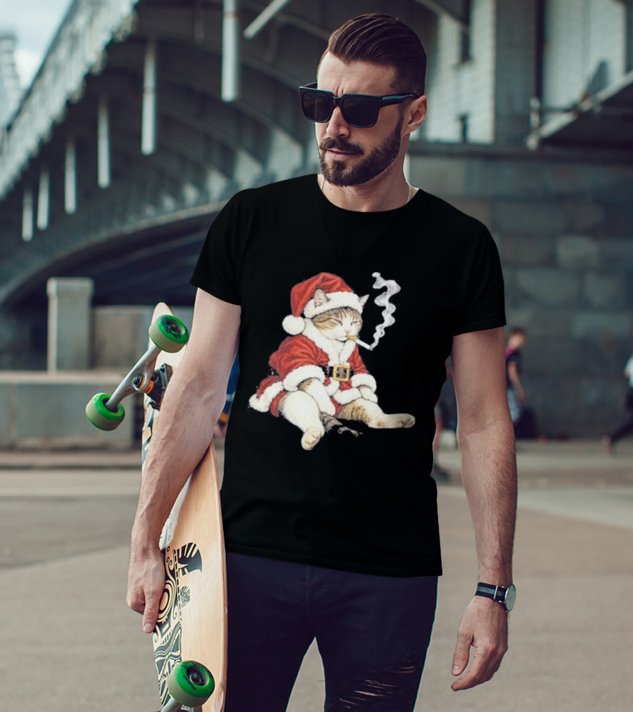 Santa Cat Smoking Cigarette Bad Santa Cat Christmas Black Outfit T-Shirt