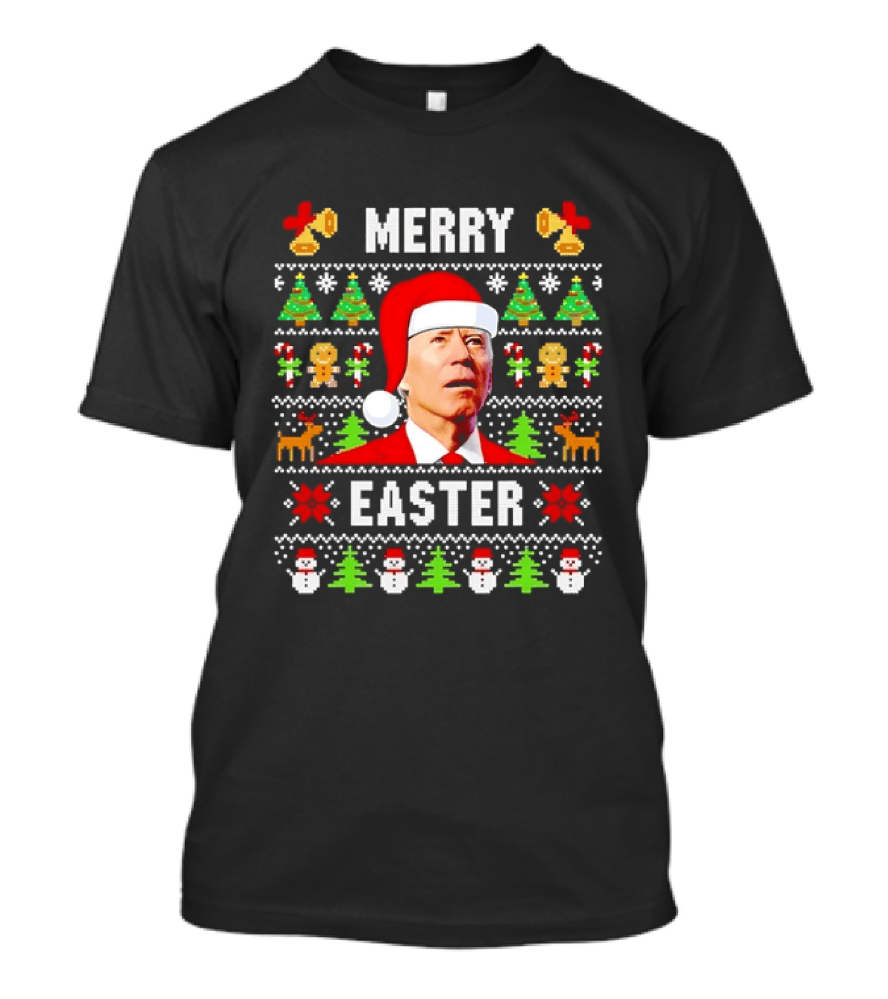 Joe Biden Merry Easter Ugly Christmas Sweater Santa Hat Gingerbread Trees Reindeer T-Shirt