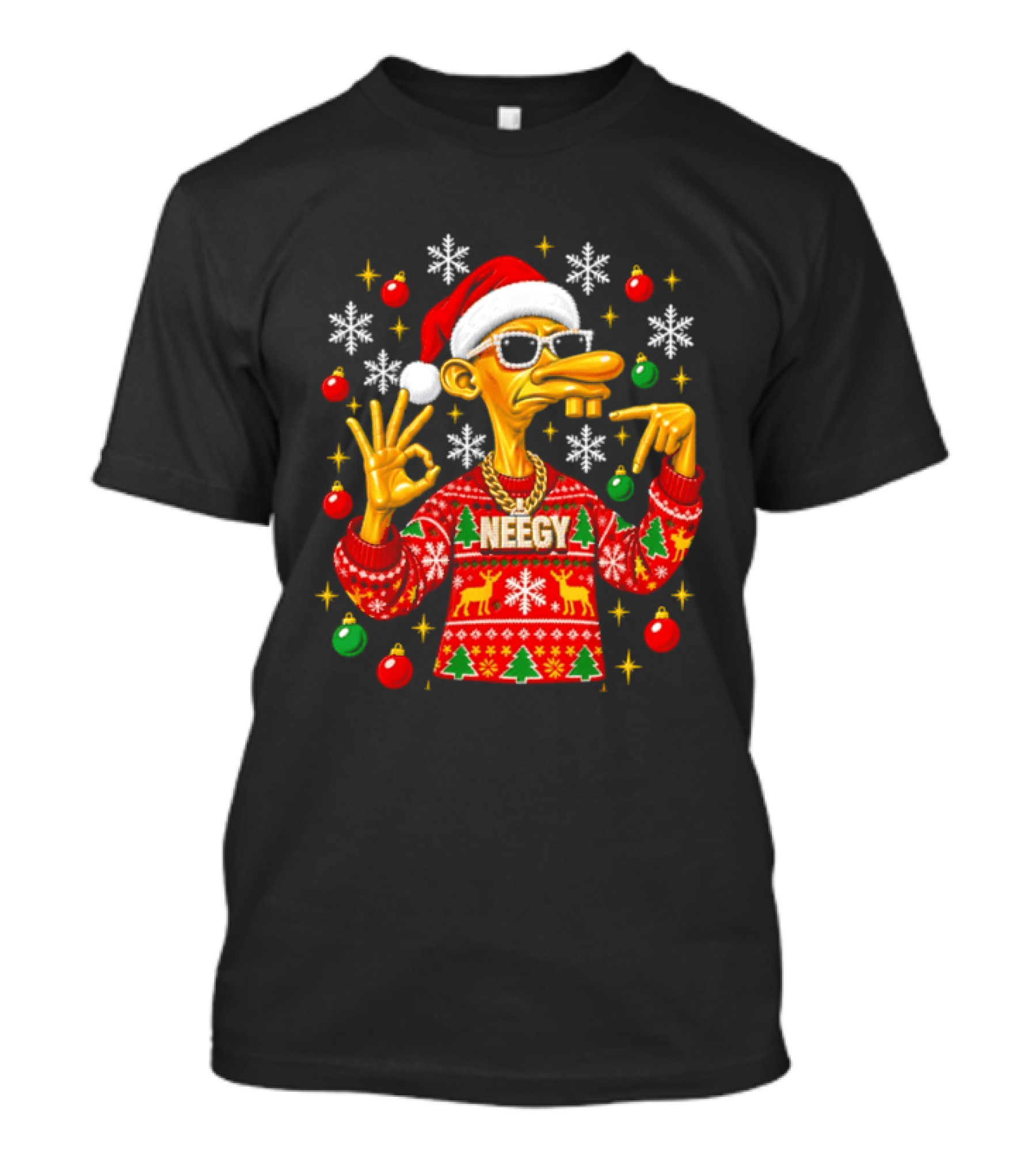 Needy Christmas Sweater Santa Hat Snowflakes Gold Chain Holiday T-Shirt