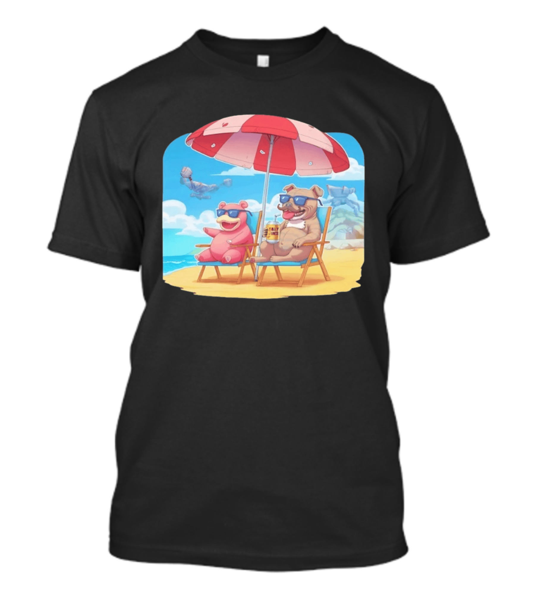 Slowpoke And Pit Bull Relax Under Beach Umbrella With Silly Juice T-Shirt