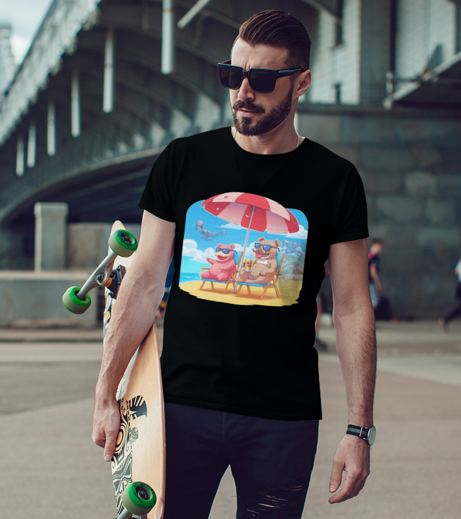 Slowpoke And Pit Bull Relax Under Beach Umbrella With Silly Juice T-Shirt
