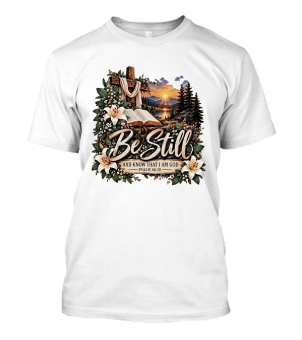 Be Still And Know That I Am God Psalm 46 10 Cross Nature Scene Lilies T-Shirt