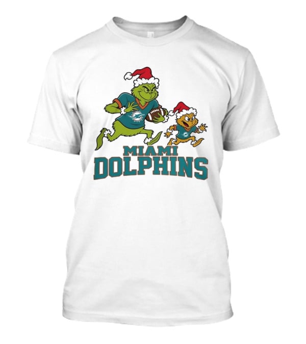 Grinch And Little Bird Running With Football Miami Dolphins Christmas T-Shirt