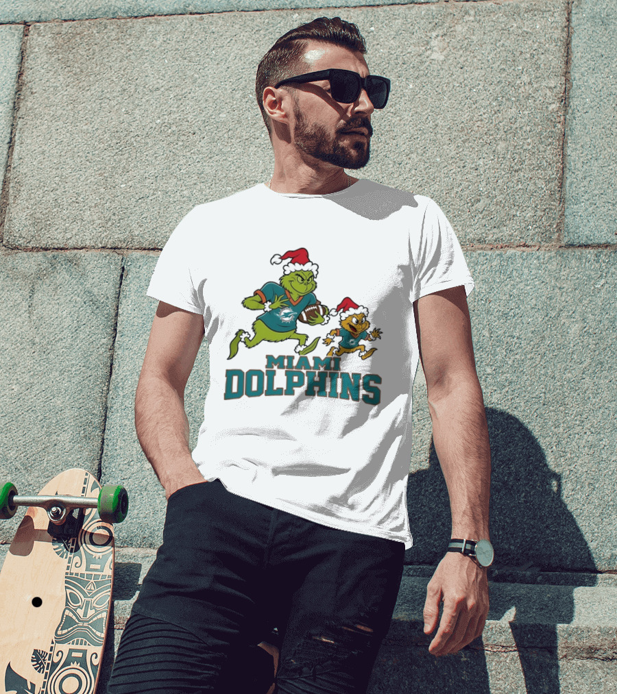 Grinch And Little Bird Running With Football Miami Dolphins Christmas T-Shirt