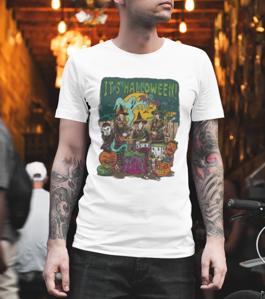 It's Halloween Witches Spooky Music Band With Pumpkins And Ghosts T-Shirt
