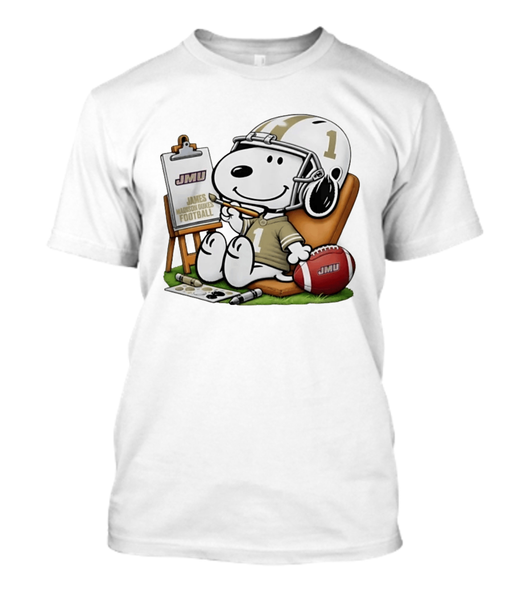 James Madison Dukes Football Snoopy Painting Number 1 Helmet T-Shirt
