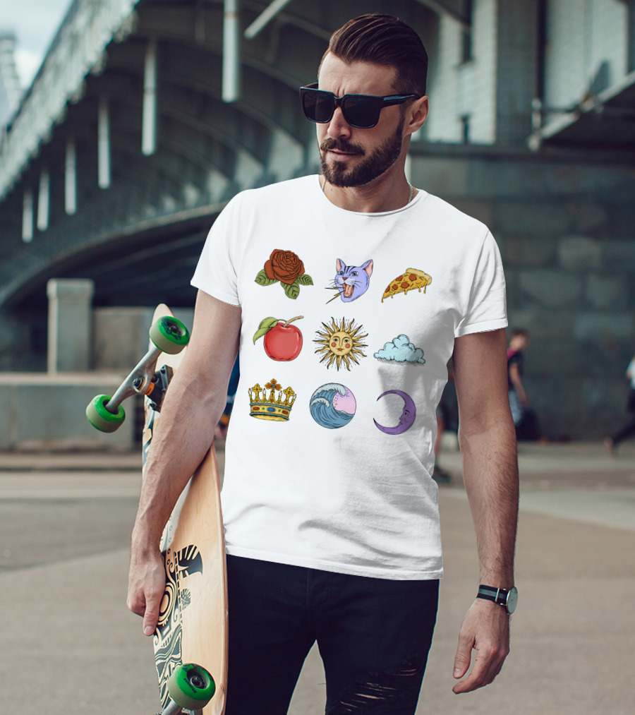 Rose Cat Pizza Apple Sun Cloud Crown Wave Moon T-Shirt