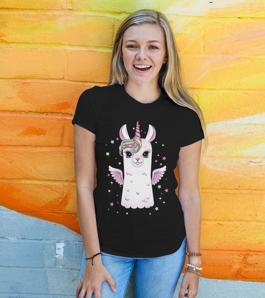 Llama Unicorn With Rainbow Mane And Wings Surrounded By Stars T-Shirt