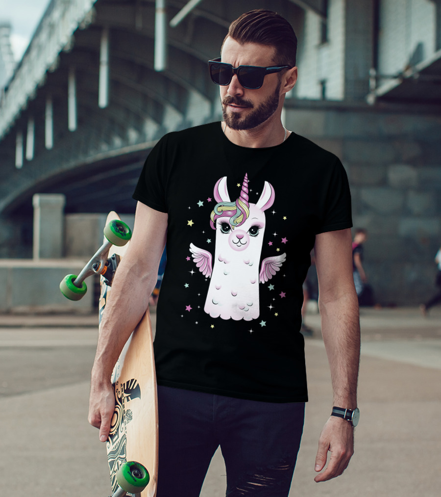 Llama Unicorn With Rainbow Mane And Wings Surrounded By Stars T-Shirt