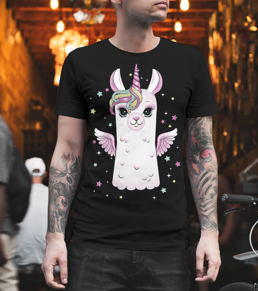 Llama Unicorn With Rainbow Mane And Wings Surrounded By Stars T-Shirt