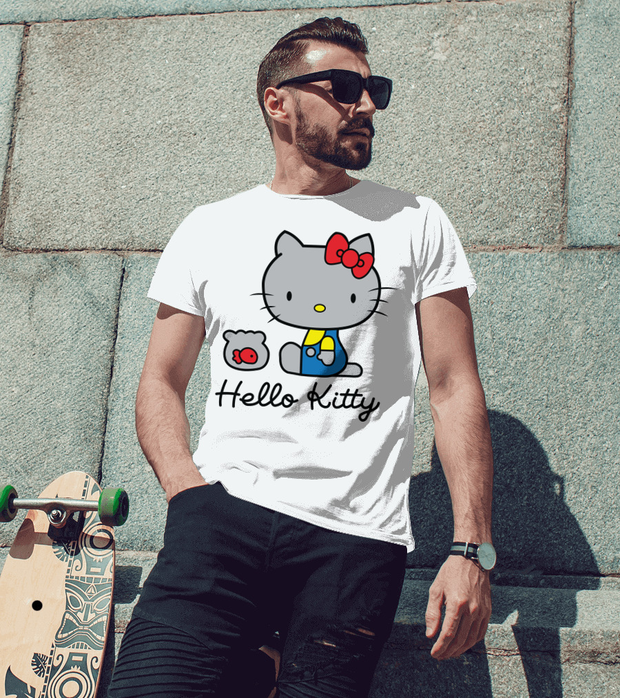 Hello Kitty Gray Cat With Red Bow And Fish Bowl T-Shirt