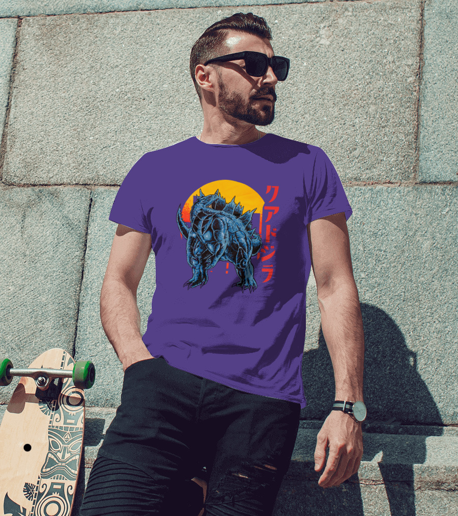 Raging Tobey Raskolapparel Quadzilla Kaiju Monster Retro Sunset Kanji T-Shirt
