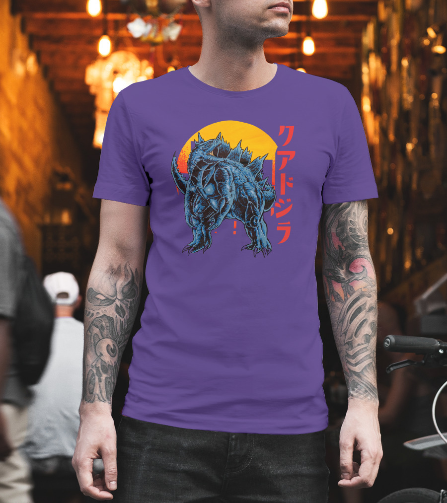 Raging Tobey Raskolapparel Quadzilla Kaiju Monster Retro Sunset Kanji T-Shirt