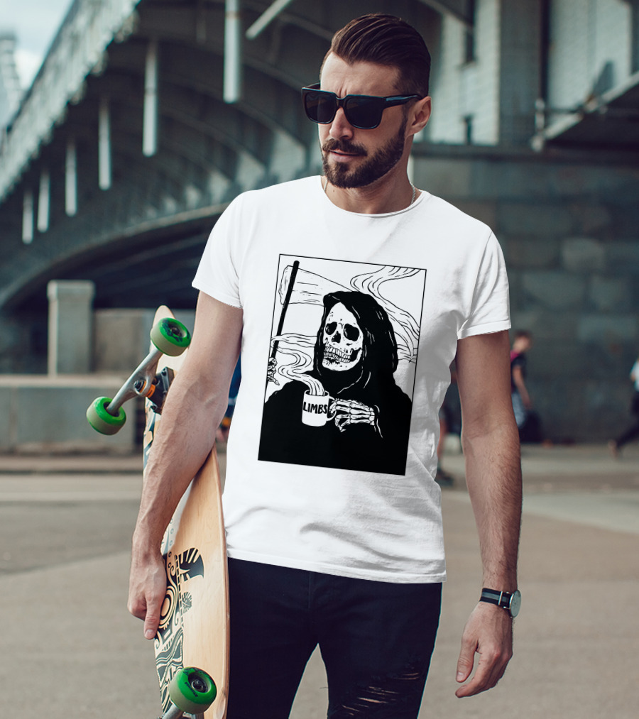 Chelsea Grin Down Right Merch Limbs Coffee Reaper Skeleton Holding Scythe And Mug T-Shirt
