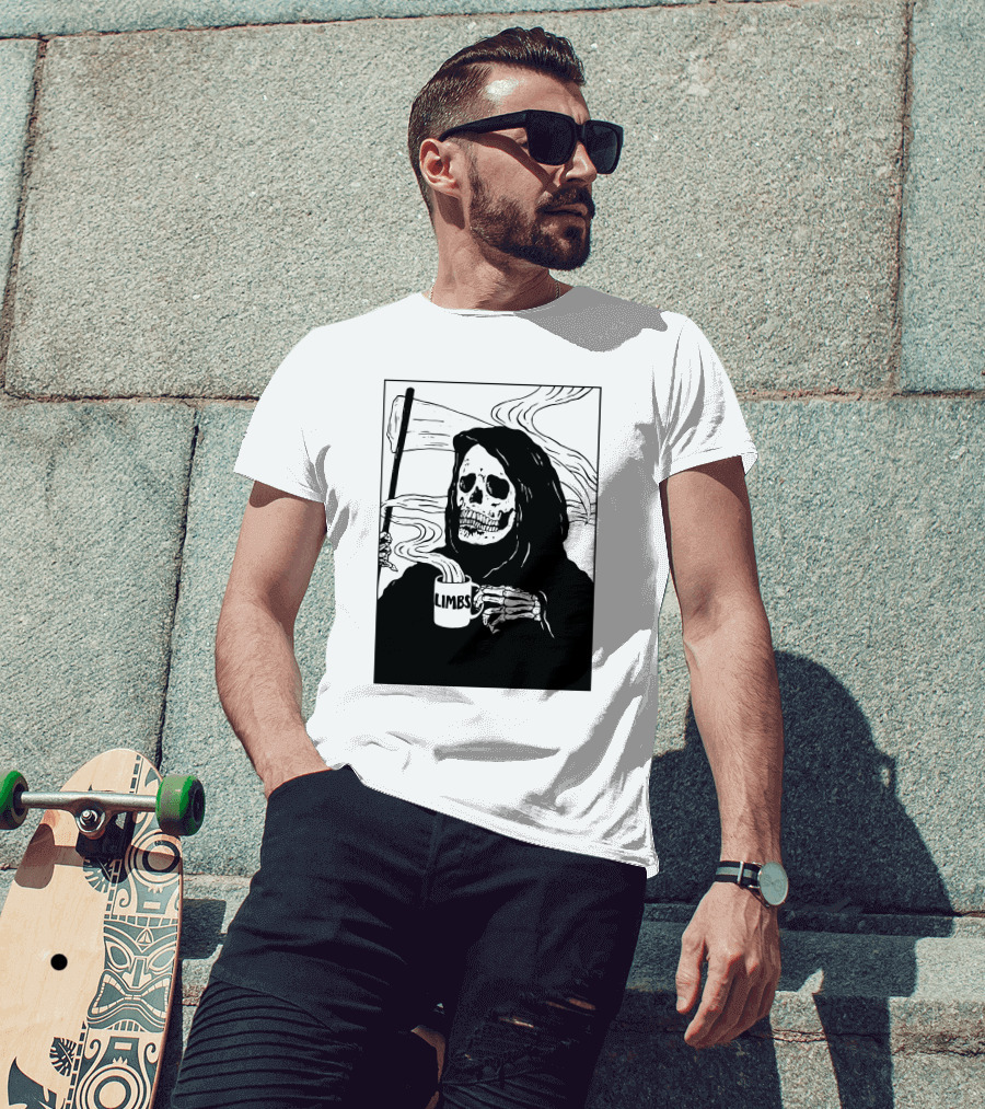 Chelsea Grin Down Right Merch Limbs Coffee Reaper Skeleton Holding Scythe And Mug T-Shirt