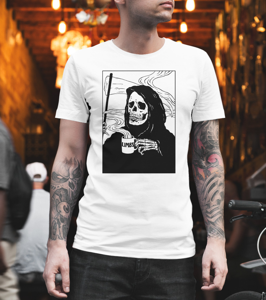Chelsea Grin Down Right Merch Limbs Coffee Reaper Skeleton Holding Scythe And Mug T-Shirt