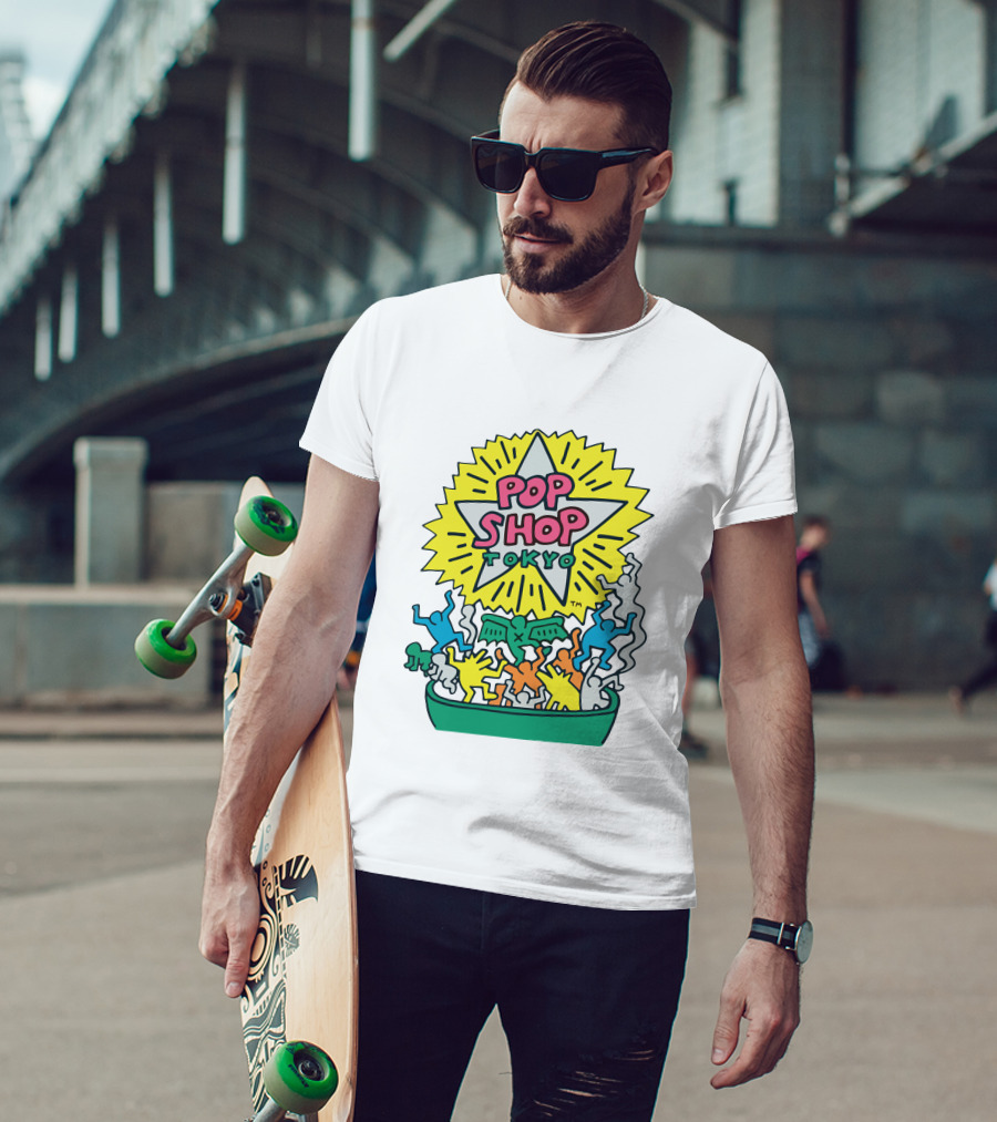 Orange Keith Haring Pop Shop Tokyo Starburst Colorful Figures T-Shirt