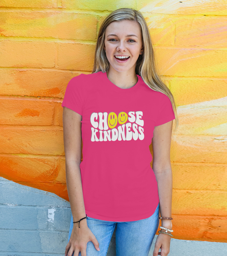 Miss Natali S Choose Kindness Smiley Face Groovy Font Pink Background T-Shirt
