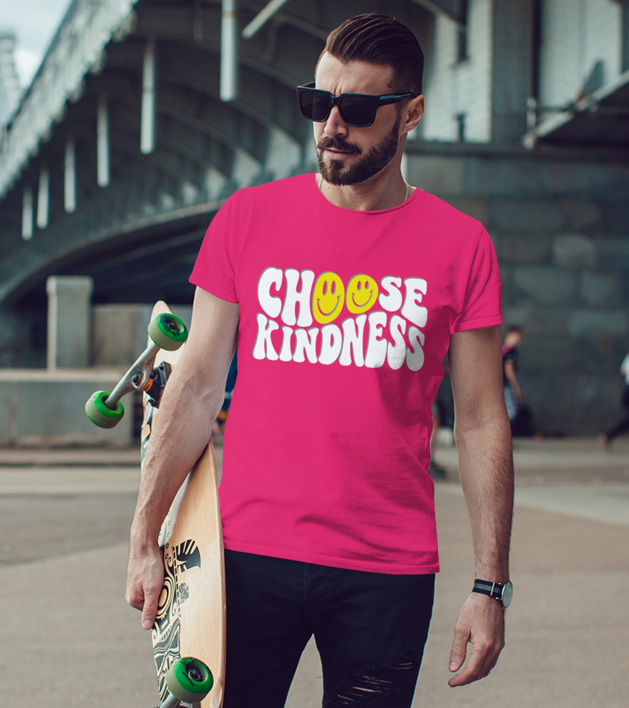 Miss Natali S Choose Kindness Smiley Face Groovy Font Pink Background T-Shirt