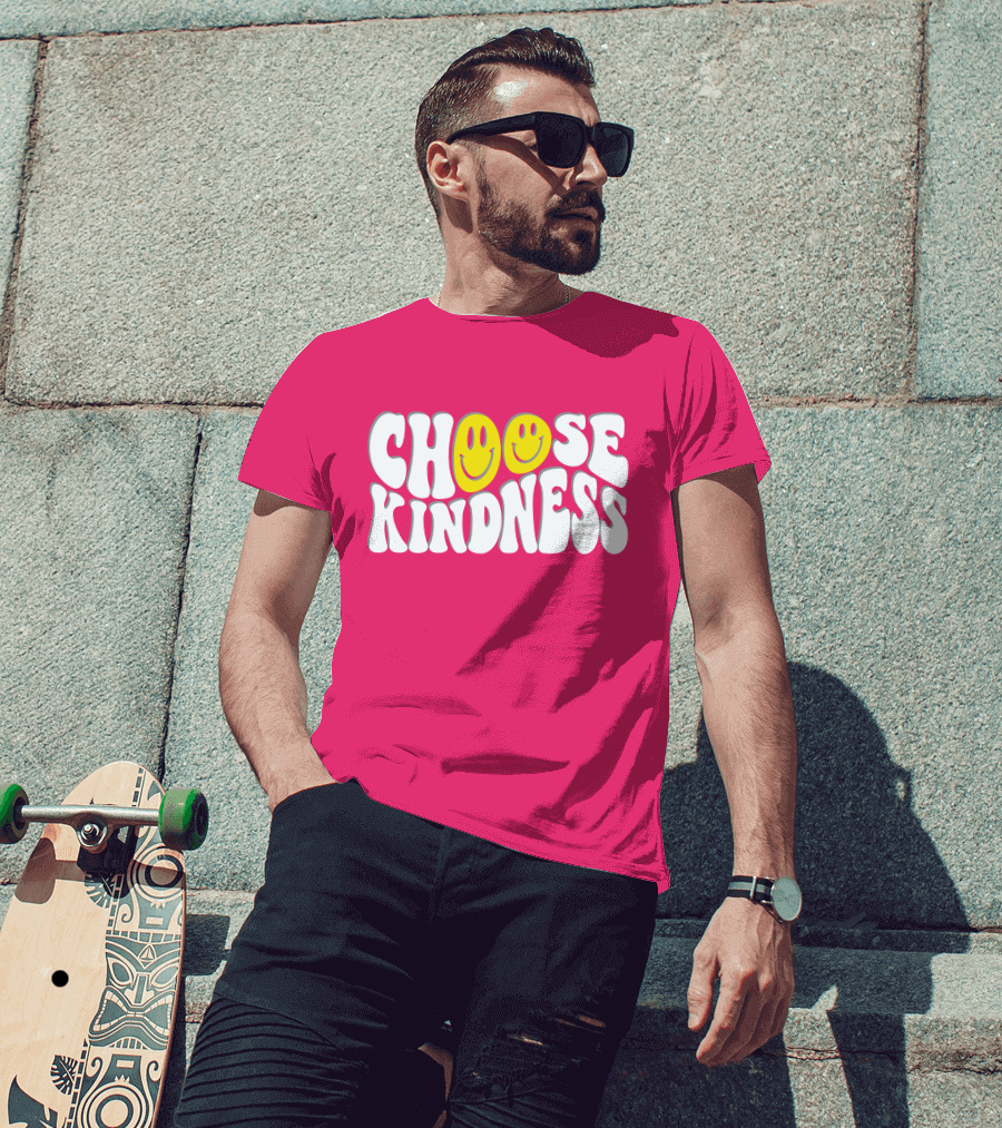Miss Natali S Choose Kindness Smiley Face Groovy Font Pink Background T-Shirt