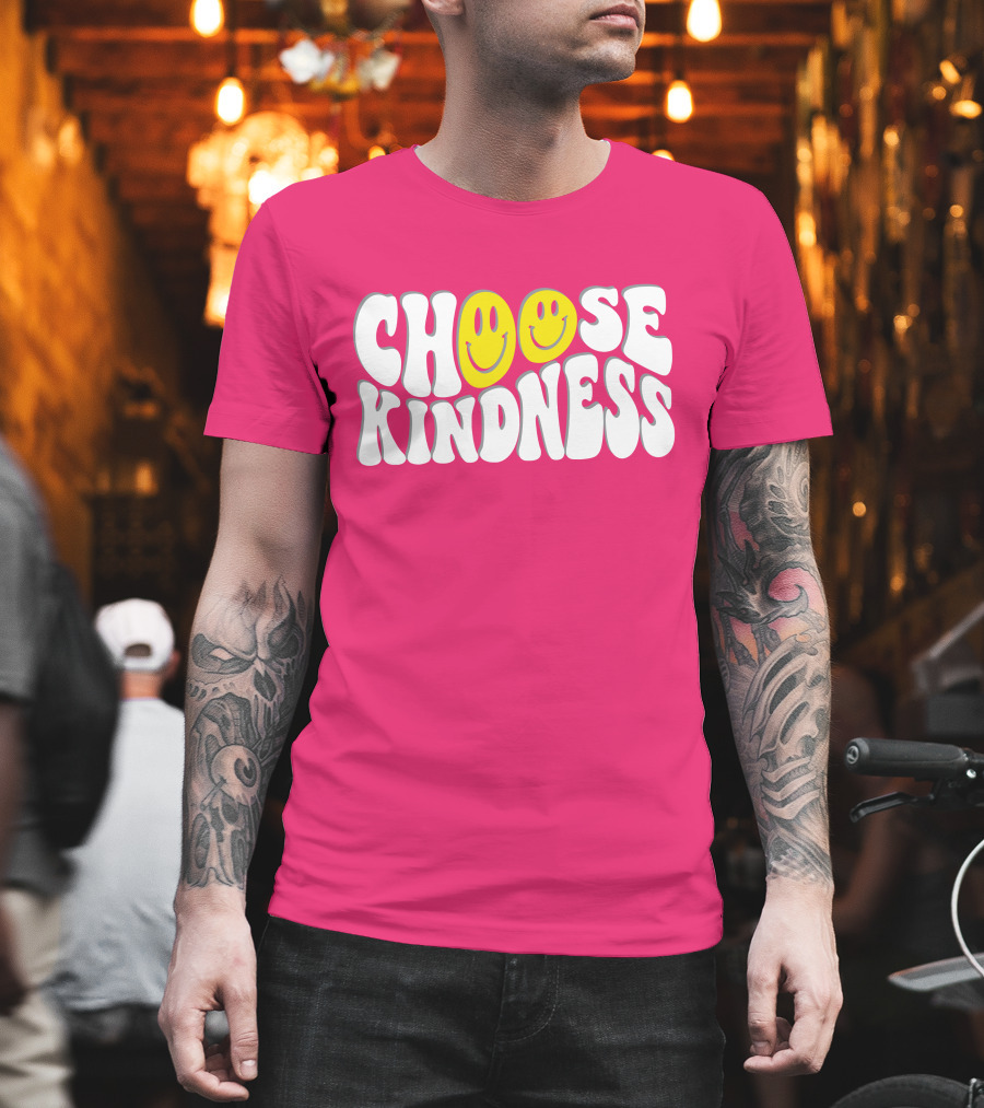 Miss Natali S Choose Kindness Smiley Face Groovy Font Pink Background T-Shirt