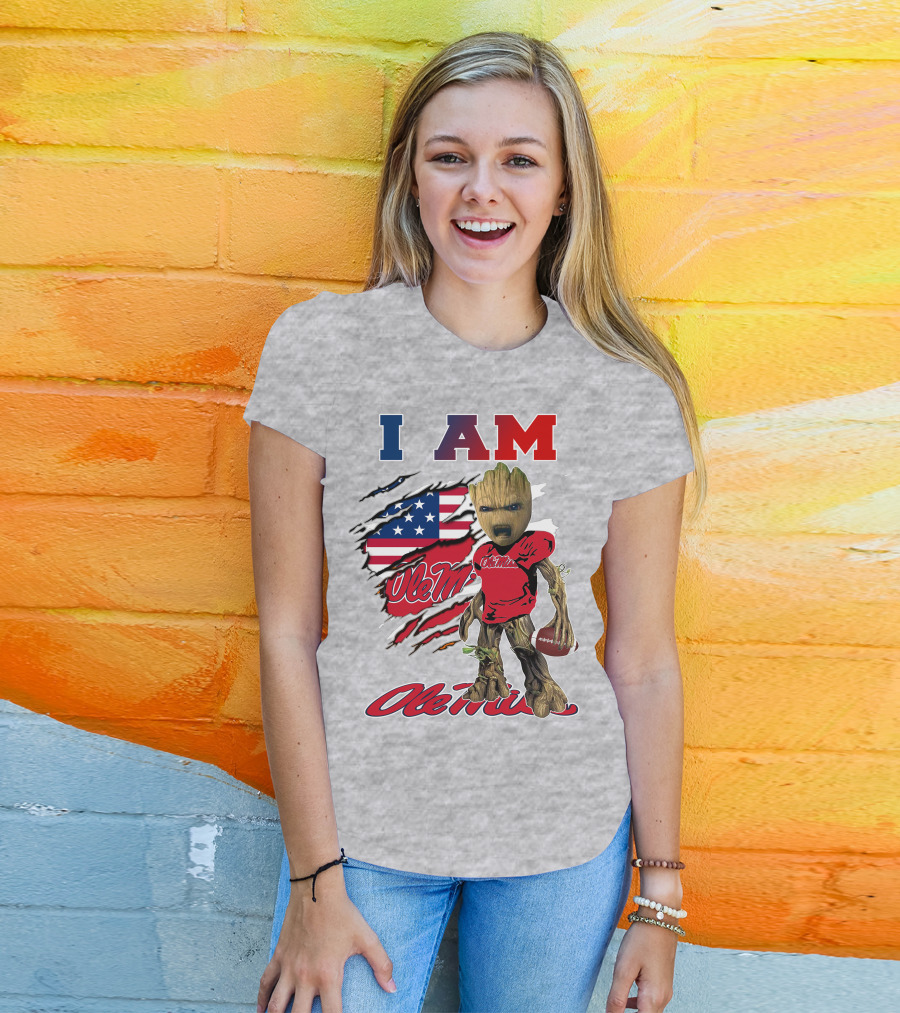 I Am Ole Miss Baby Groot Usa Flag Football T-Shirt