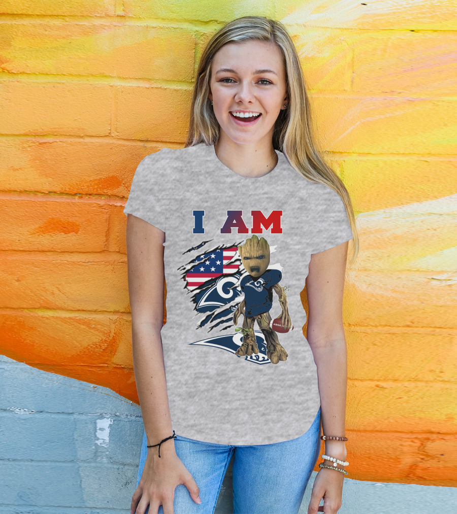 I AM Rams Baby Groot Football American Flag T-Shirt