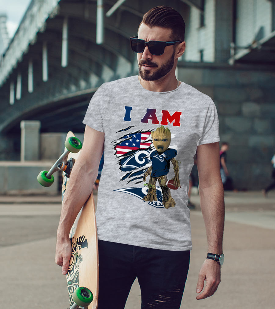 I AM Rams Baby Groot Football American Flag T-Shirt