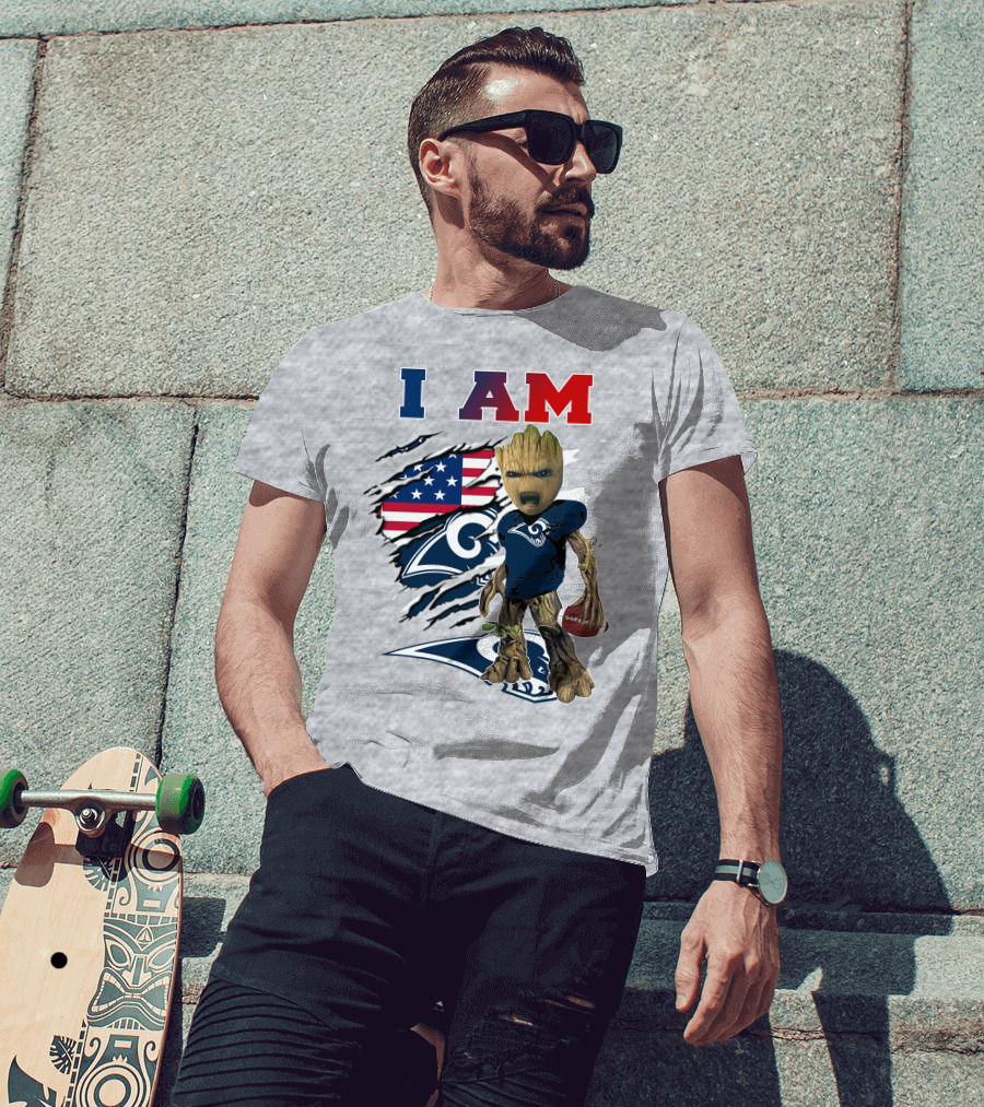 I AM Rams Baby Groot Football American Flag T-Shirt