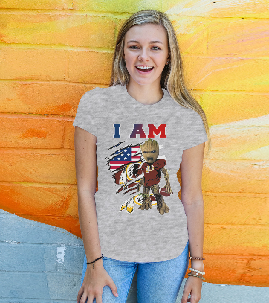 I AM Redskin Baby Groot Football USA Flag T-Shirt