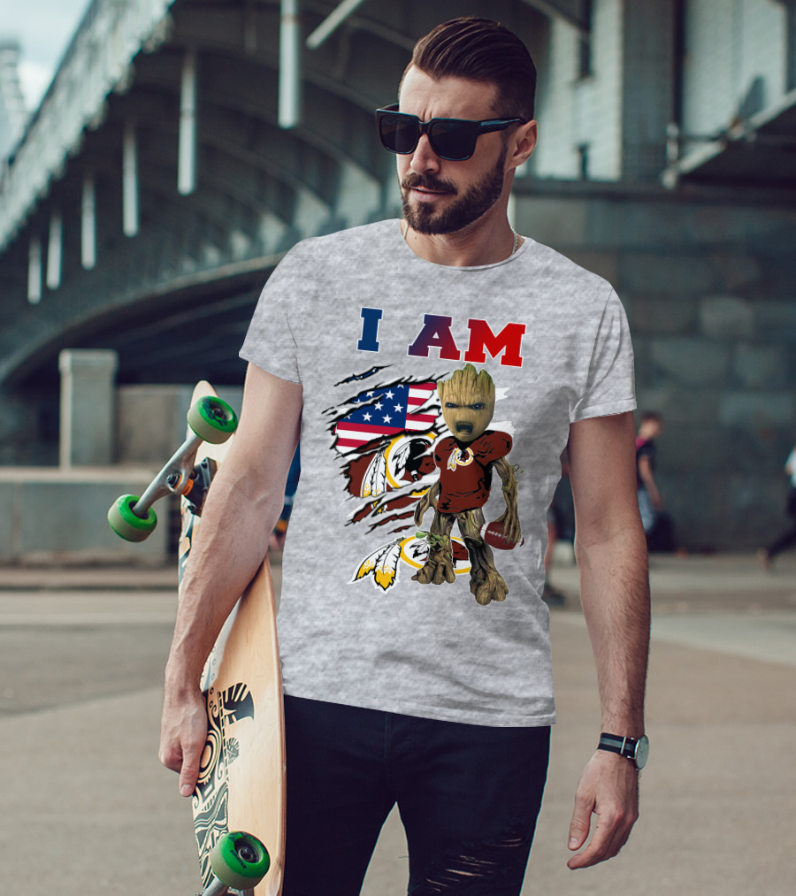 I AM Redskin Baby Groot Football USA Flag T-Shirt