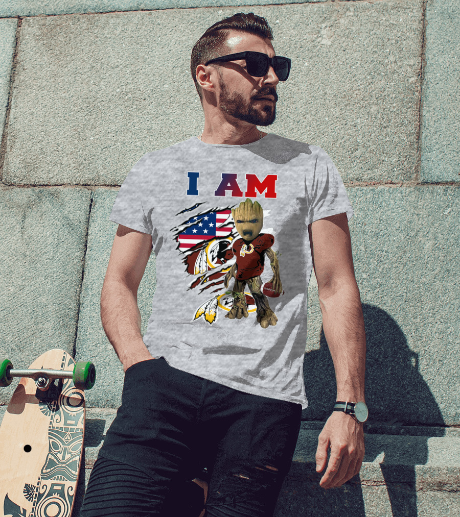 I AM Redskin Baby Groot Football USA Flag T-Shirt