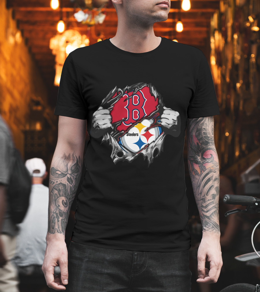 Steelers Red Sox Fusion Emblem With Torn Effect T-Shirt
