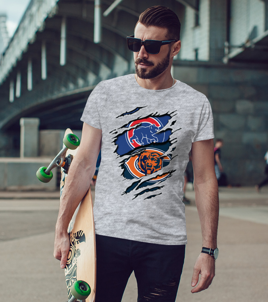 Cubs Bears Dual Logo Design Ripped Tear Combination T-Shirt