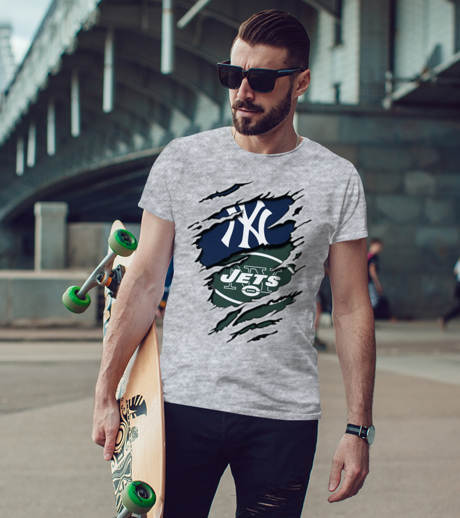 New York Jets Yankees Ny Sports Logos Rip Effect T-Shirt
